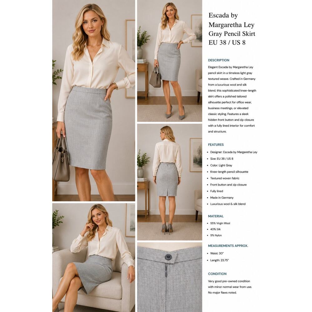 Escada Margaretha Ley Gray Wool Silk Blend Pencil Skirt EU 38 US 8
